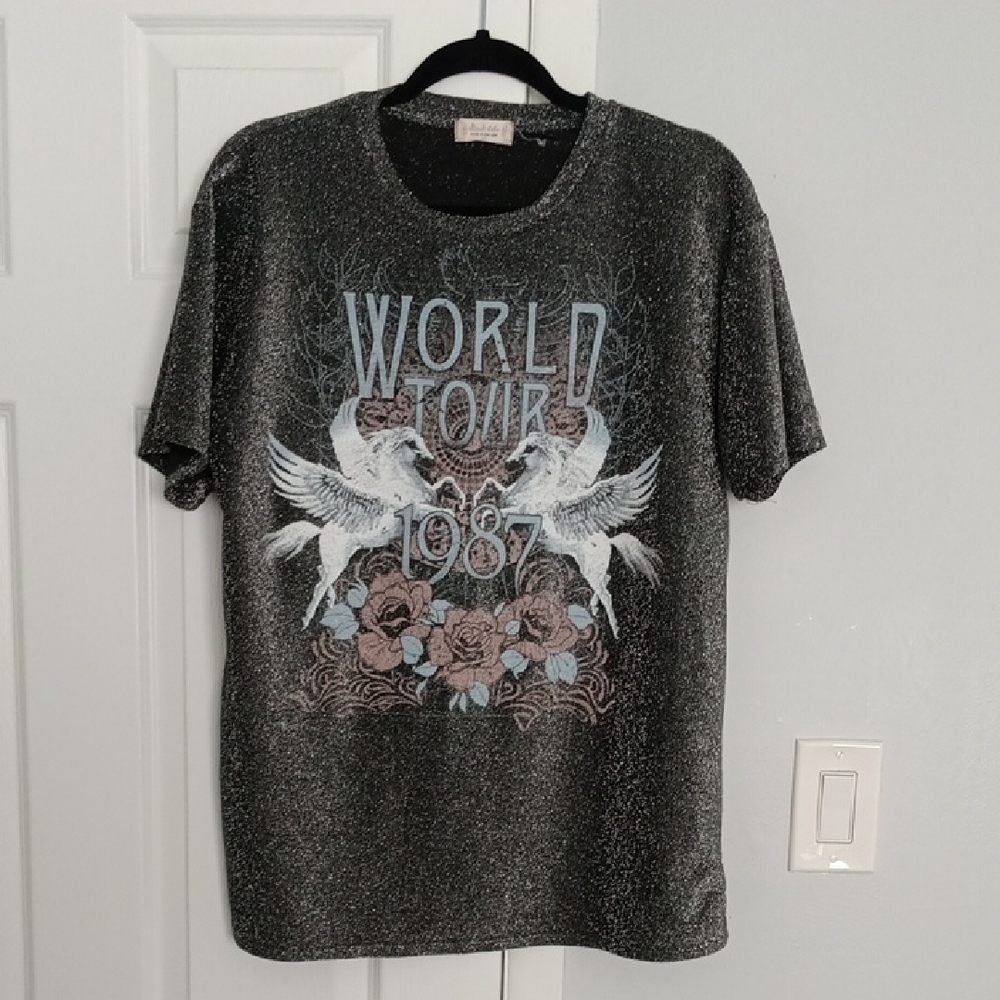 3 For $15 Altar'd State Black and Silver Oversized Sparkle Concert Top